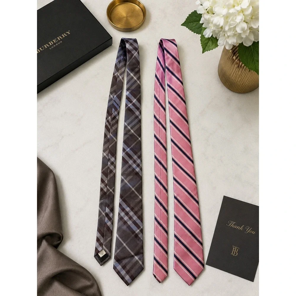 Burberry London Plaid & Bruno Piattelli Striped Silk Ties Mens Made in Italy 2pc